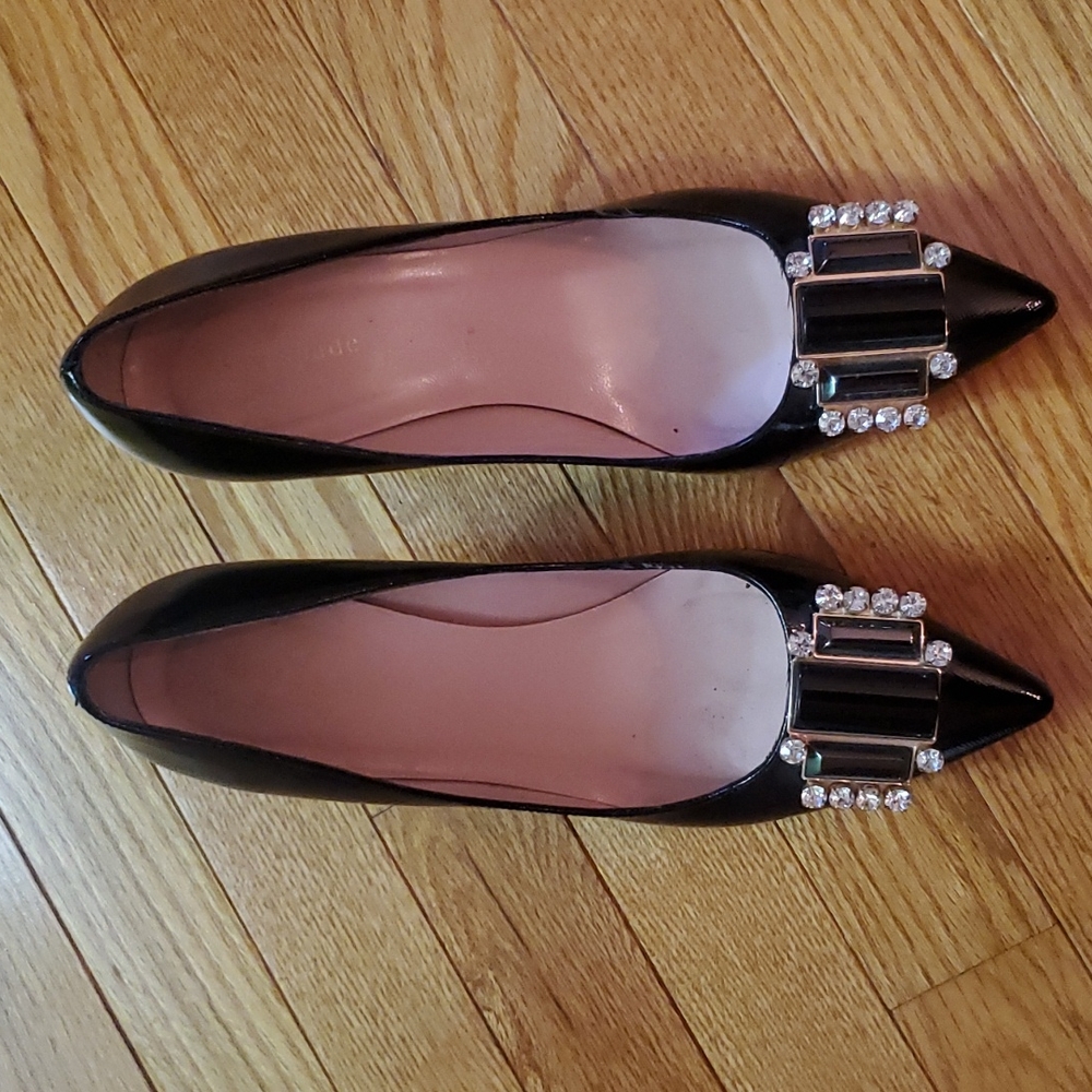 kate spade Black Patent Pointed Toe Heels with Crystal Buckle